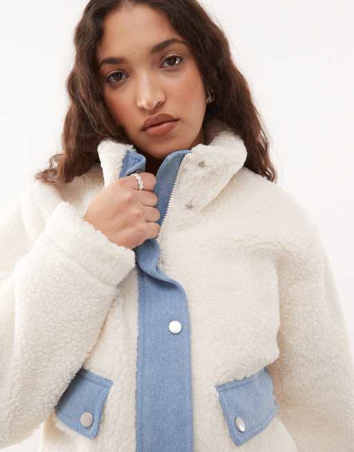 Noisy May sherpa bomber jacket with denim insert in cream
