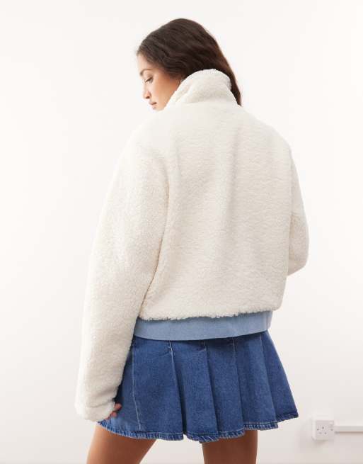 Noisy May sherpa bomber jacket with denim insert in cream