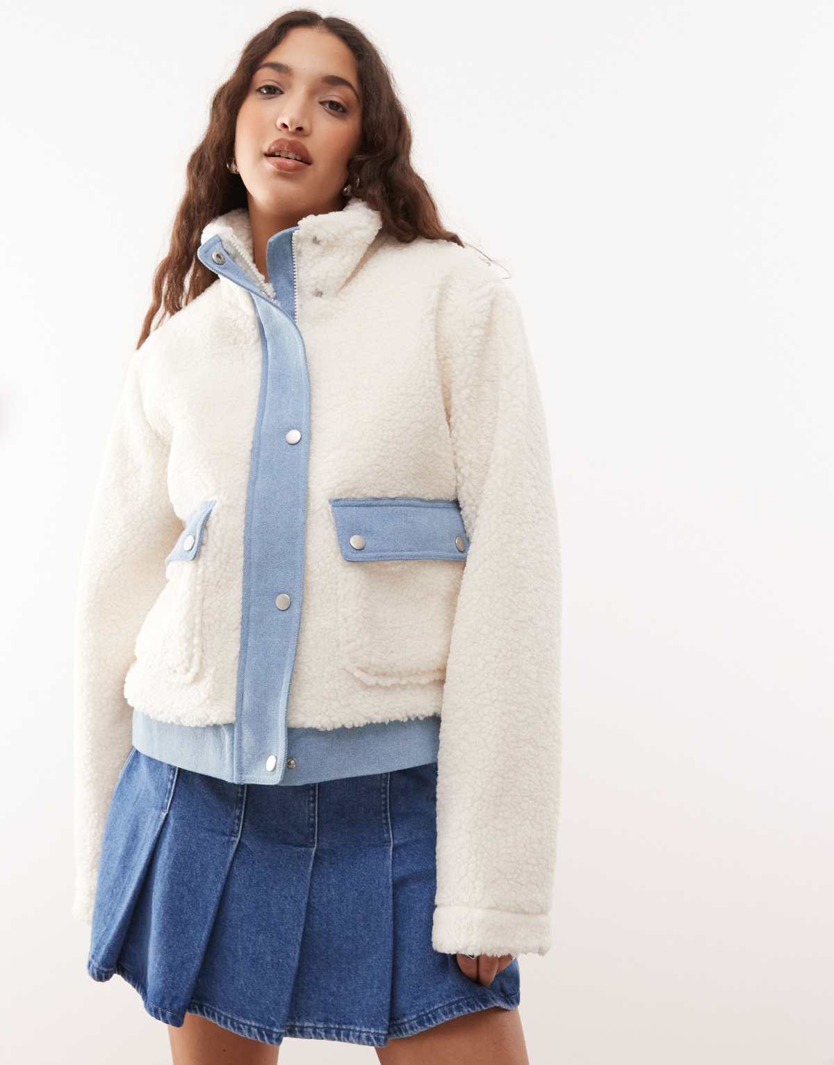 Noisy May sherpa mix bomber with denim insert in cream