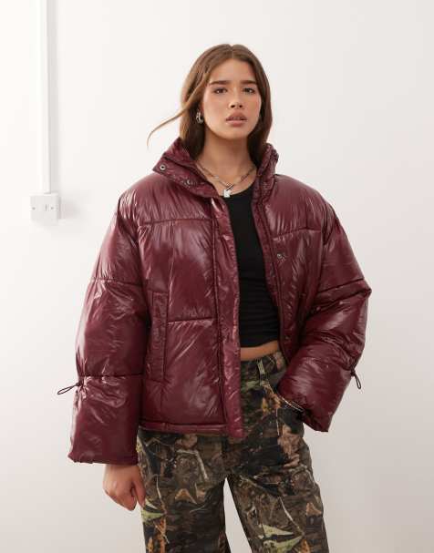 Noisy May shiny puffer jacket in burgundy - view 1