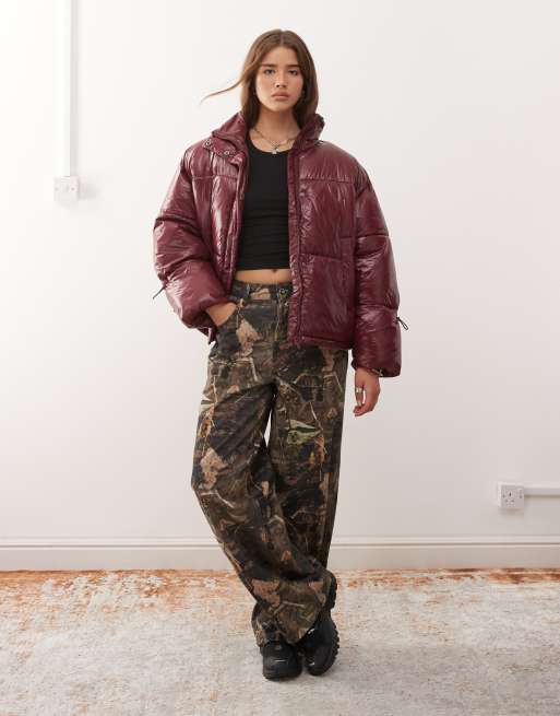 Noisy May shiny puffer jacket in burgundy, 3 of 4