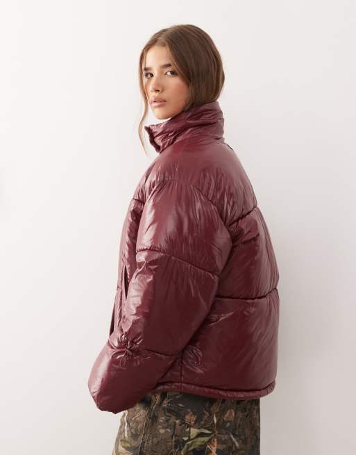 Noisy May shiny puffer jacket in burgundy, 4 of 4