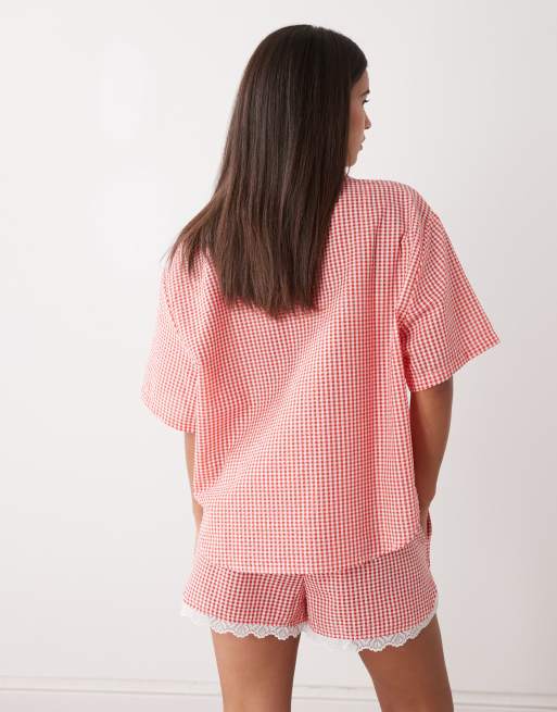 Noisy May - Short d'ensemble en crépon à carreaux vichy avec bords en dentelle - Rouge, 3 de 5