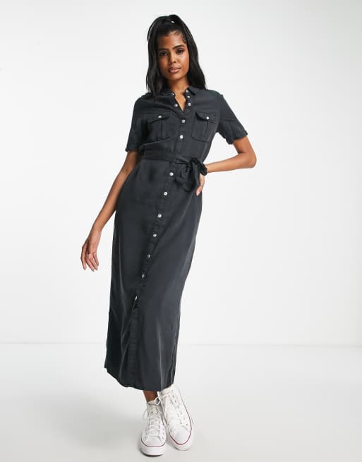 Noisy May short sleeve button front midi dress in black