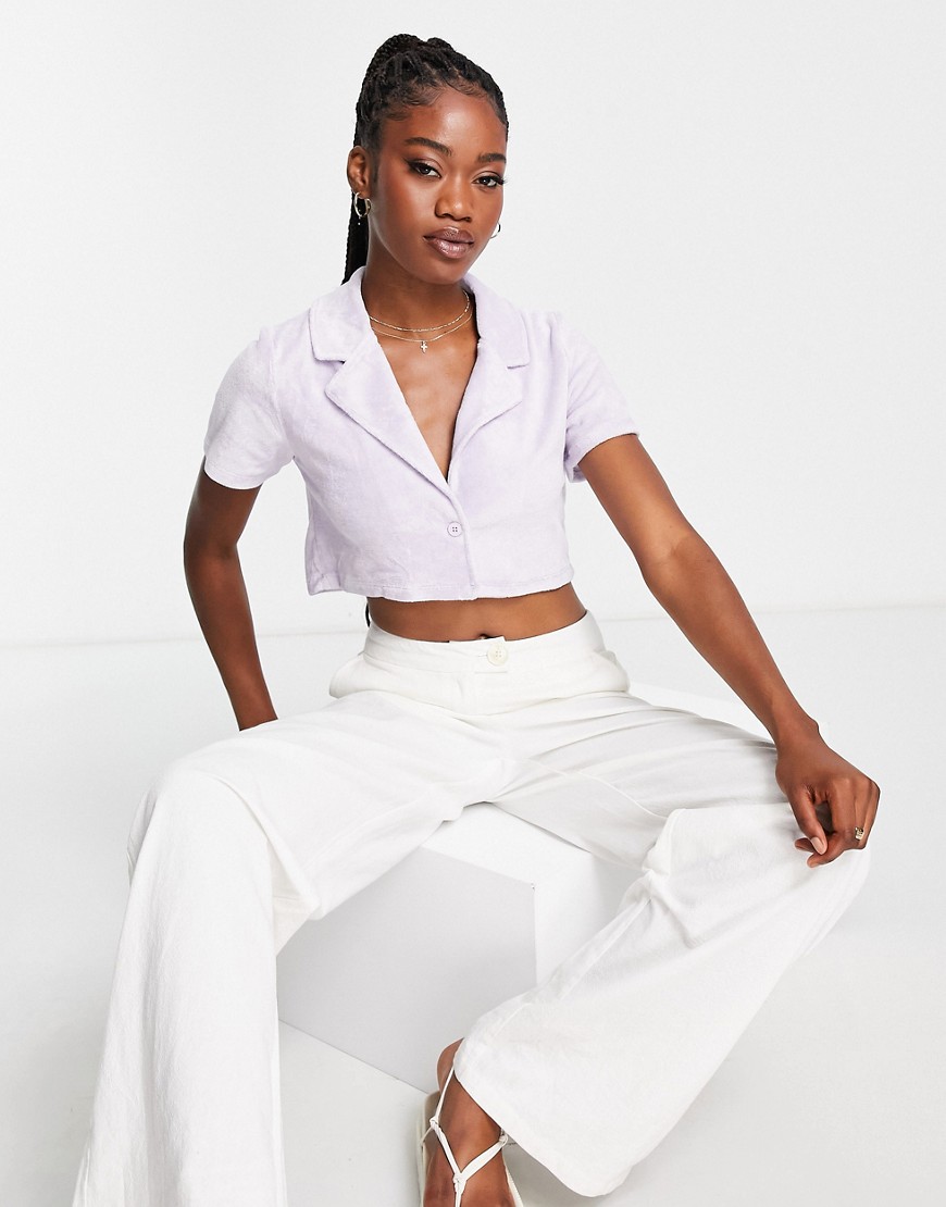 Noisy May short sleeve cropped terry shirt in purple heather