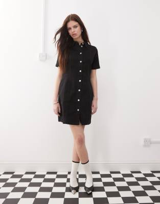 Noisy May Short Sleeve Denim Mini Dress In Black