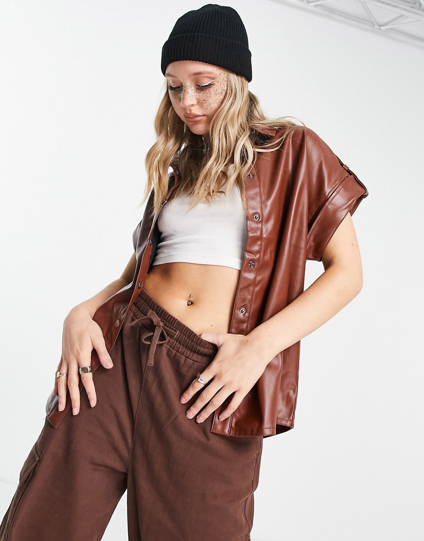Noisy May short sleeve leather look shirt in chocolate brown