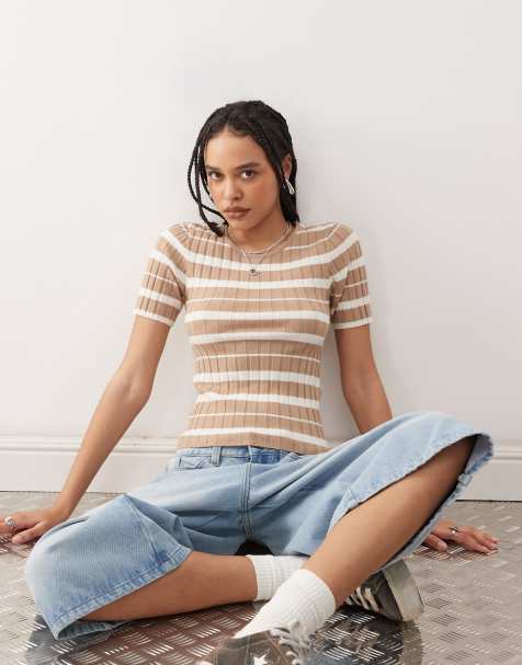 Noisy May short sleeve rib knit top in beige and cream stripe - view 1