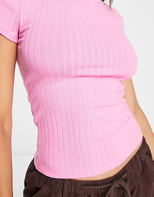 Noisy May short sleeve ribbed t-shirt in fuchsia pink | ASOS | 