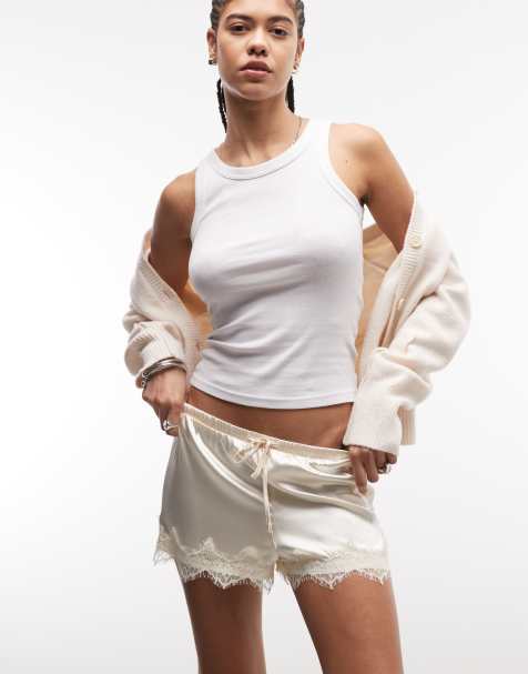 Noisy May - Short taille basse en satin avec ourlet en dentelle - Ivoire - view 1