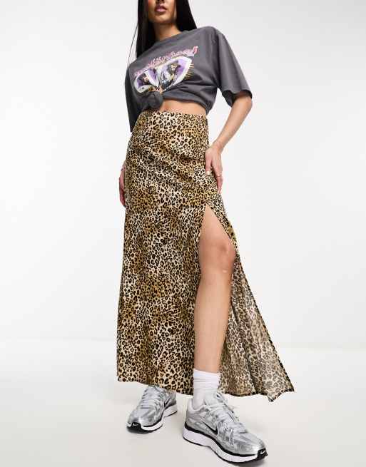 Set of 2- Black Rib Top With Animal Print Side Slit Skirt