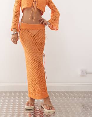 Noisy May Side Slit Tie Detail Crochet Maxi Skirt In Orange