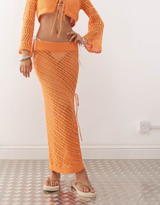 Noisy May side slit tie detail crochet maxi skirt in orange, 2 of 5