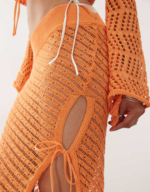 Noisy May side slit tie detail crochet maxi skirt in orange, 3 of 5