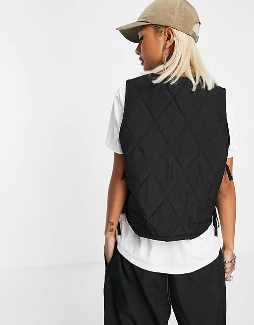 Women Noisy May side tie quilted vest in black 