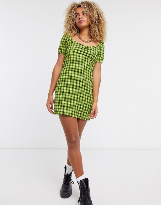 Noisy May skater dress with puff sleeves in green check