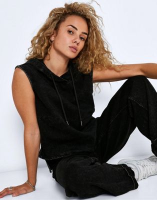Noisy May sleeveless denim hoodie co-ord in washed black - ASOS Price Checker