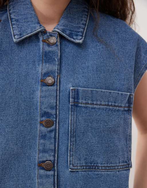 Noisy May sleeveless denim mini dress in mid blue wash, 3 of 4