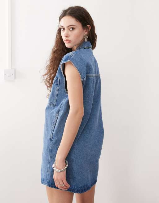 Noisy May sleeveless denim mini dress in mid blue wash, 4 of 4