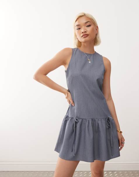 Noisy May sleeveless drop hem mini dress with bow details in grey - view 1