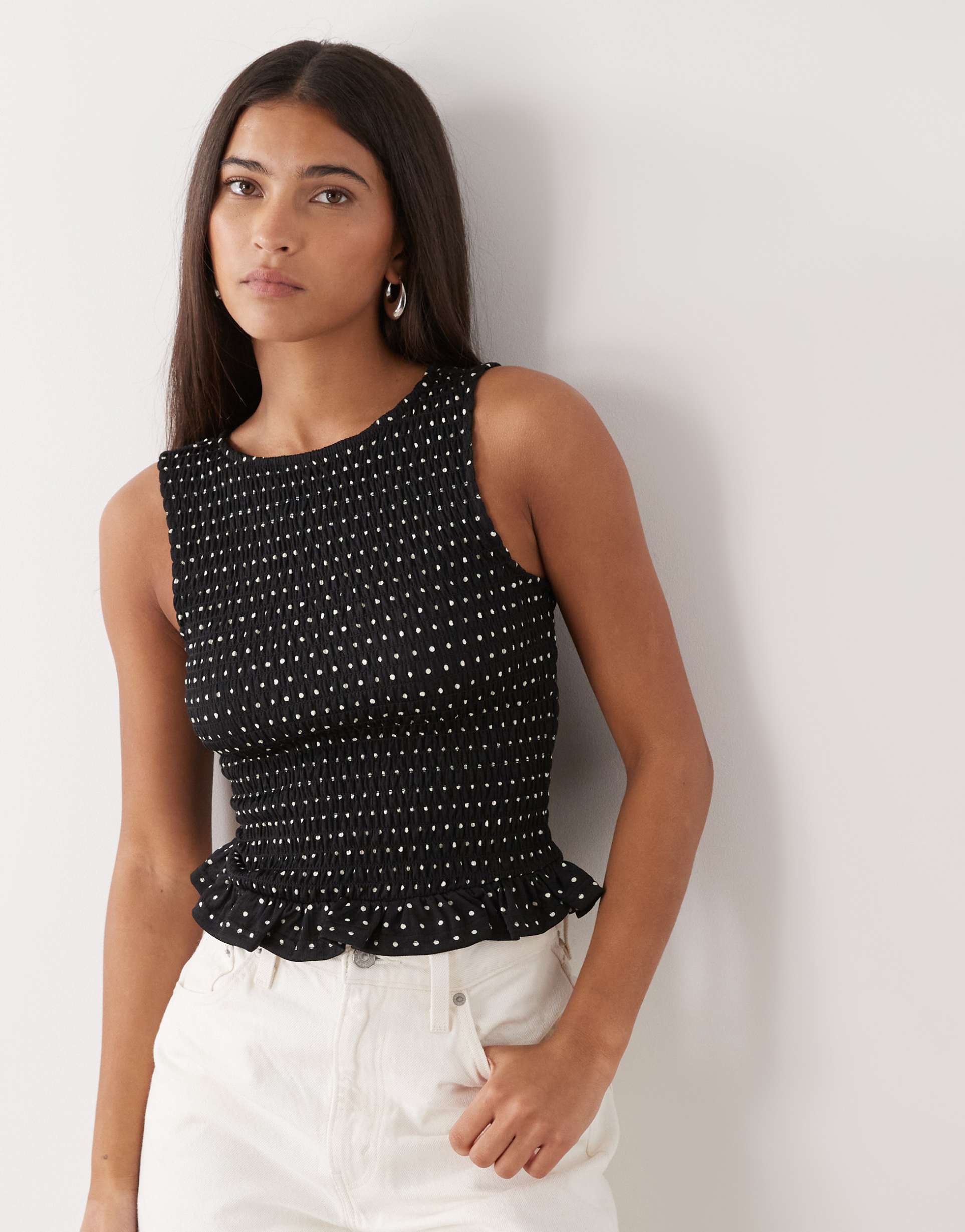 noisy may sleeveless shirred top in black polka dot