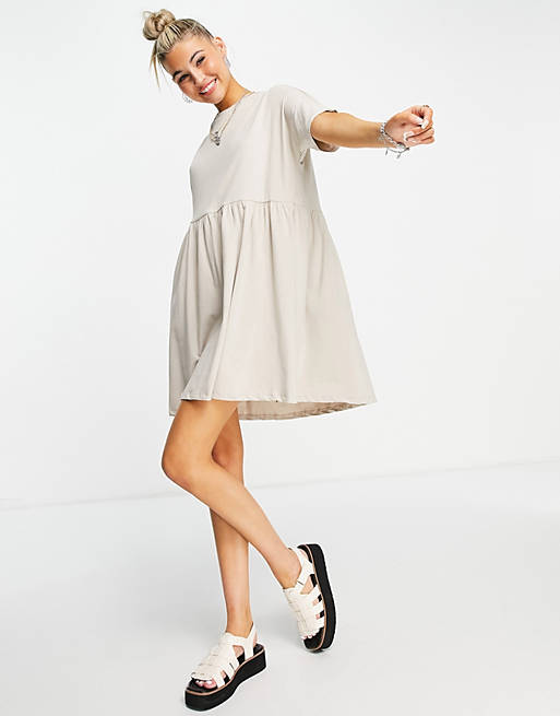Noisy May cotton smock t-shirt dress in stone - BEIGE