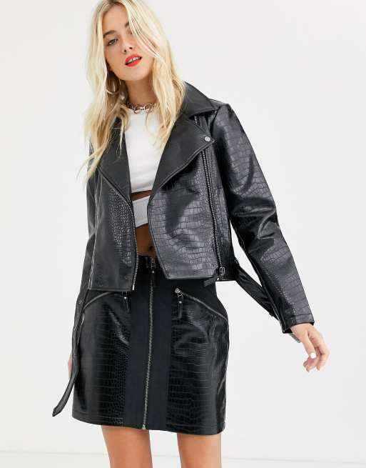 Vegan Leather Black Snake Print Moto Jacket