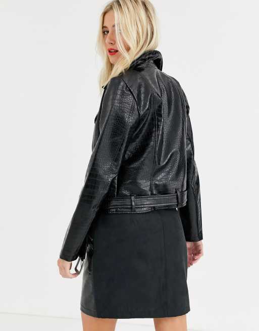 Vegan Leather Black Snake Print Moto Jacket