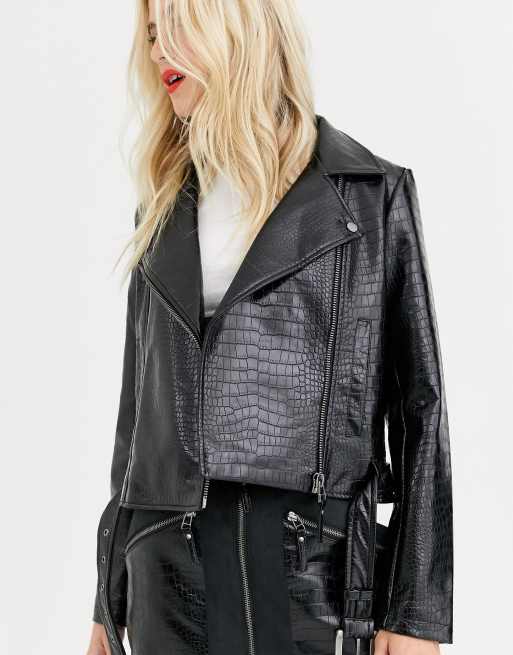 Noisy May snake skin faux leather biker jacket in black ASOS