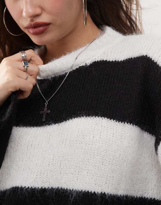 Noisy May - Sort og beige og oversized trøje i lodden strik med striber, 3 af 4