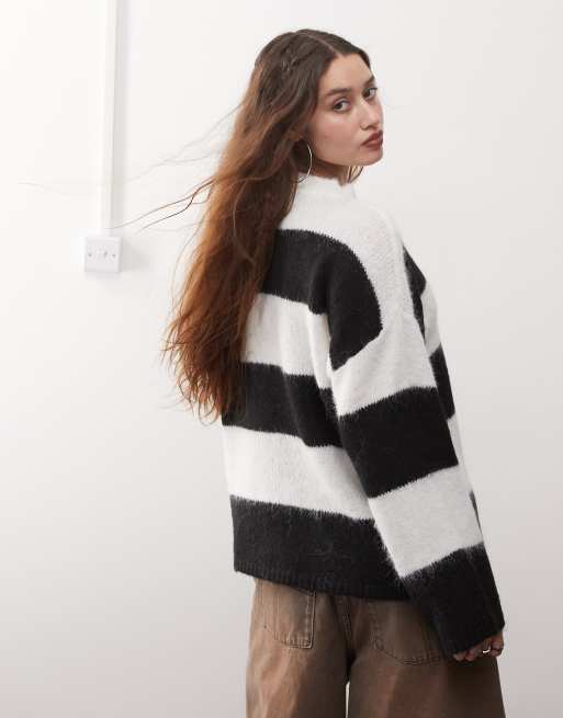 Noisy May - Sort og beige og oversized trøje i lodden strik med striber, 4 af 4