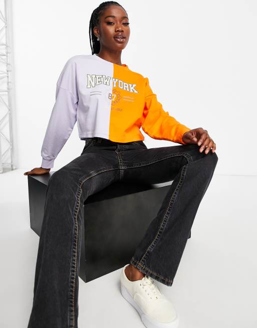 Noisy May spliced cropped graphic sweatshirt in orange ASOS