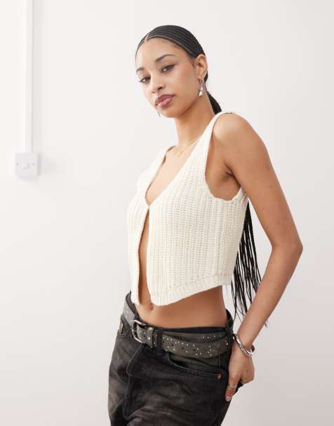 Noisy May split front knit tank top in cream - view 1