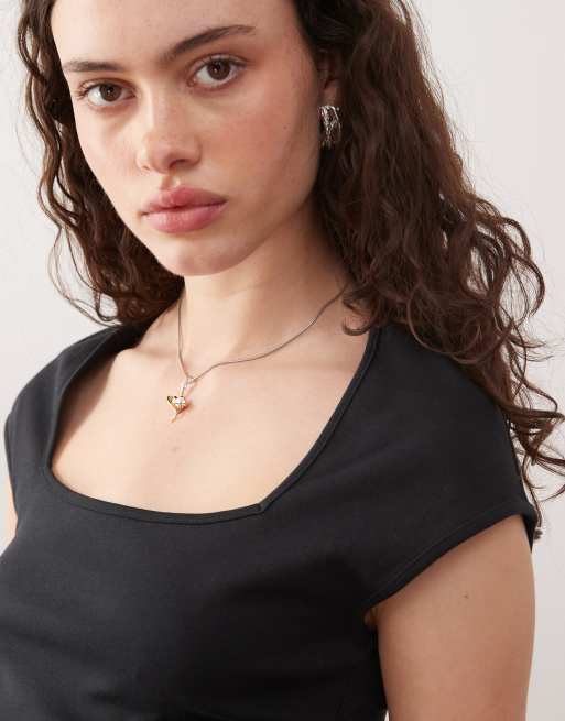 Noisy May square neck cap sleeve t-shirt in black, 3 of 4