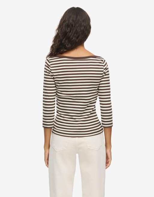 Noisy May Stormi ribbed crew neck 3/4 sleeve top in brown, 2 of 6