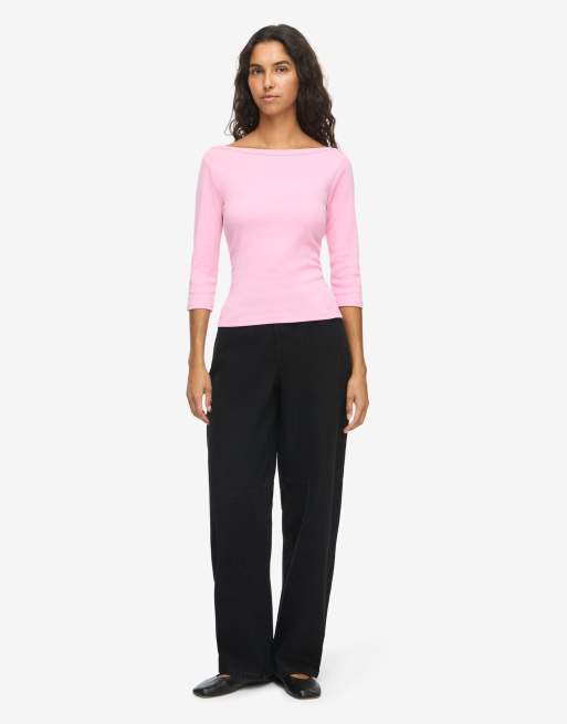 Noisy May Stormi ribbed crew neck 3/4 sleeve top in purple, 3 of 5