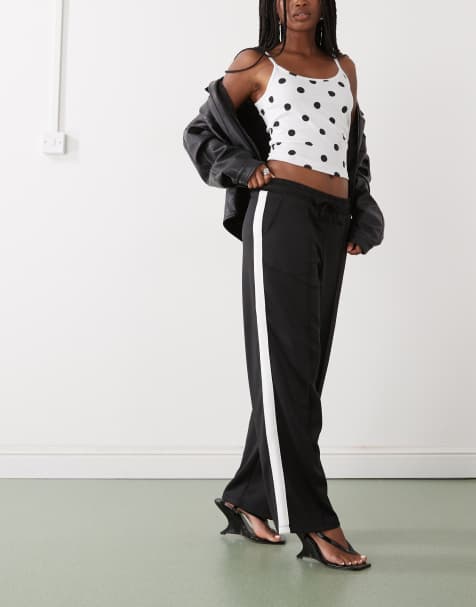 Noisy May straight leg jersey pants in black with white side stripe - view 1