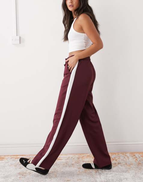 Noisy May straight leg jersey trouser in burgundy with white side stripe - view 1