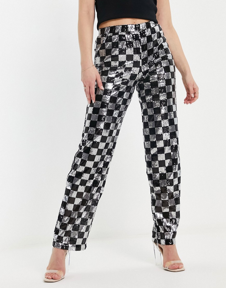 Noisy May straight leg pants in sequin checkerboard - part of a set-Black