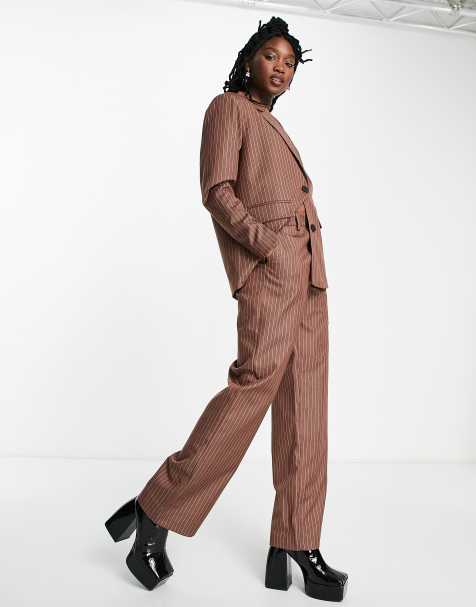 Noisy May straight trousers co-ord in chocolate pinstripe