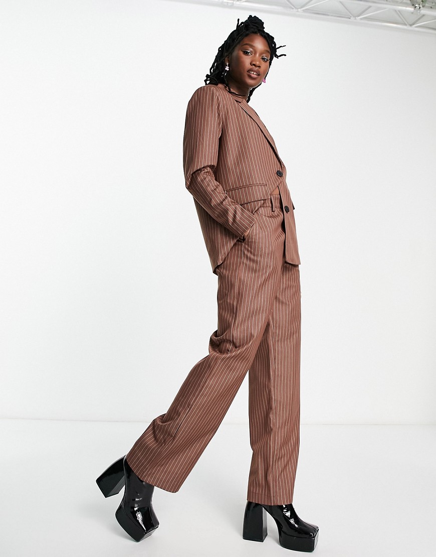 Noisy May straight trousers co-ord in chocolate pinstripe-Brown