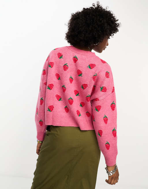 Noisy May strawberry print jumper in pink