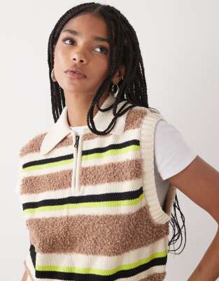 Noisy May - Strukturierter, gestreifter Strickpullunder in Cremeweiß und Braun