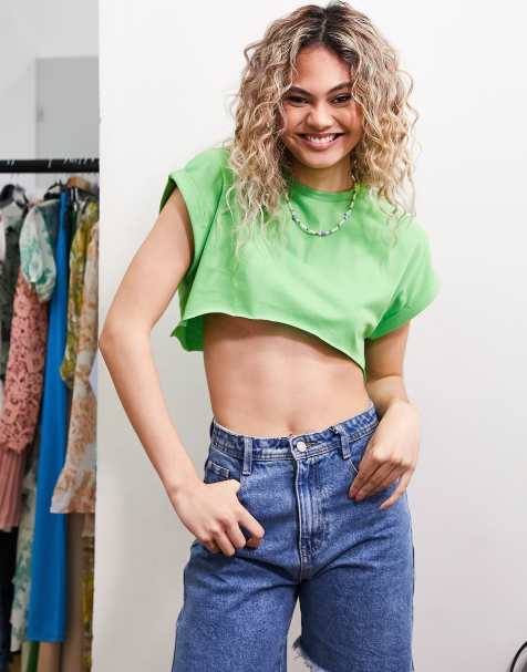Noisy May super cropped t-shirt in green - view 1