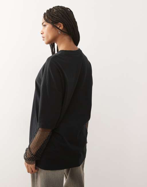 Noisy May – Svart t-shirt i oversize med strass på ärmarna, 2 av 4