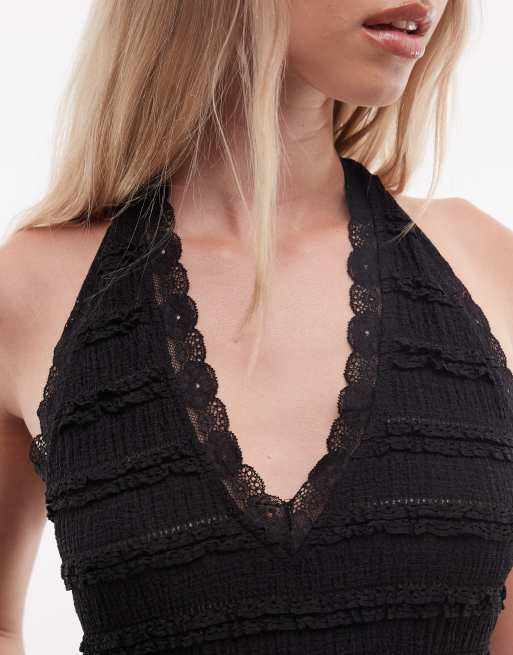 Noisy May – Svart, texturerad topp med halterneck och spets, del av set, 2 av 4