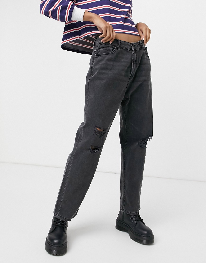 Noisy May – Svarta dad jeans med slitna detaljer och tvättad finish