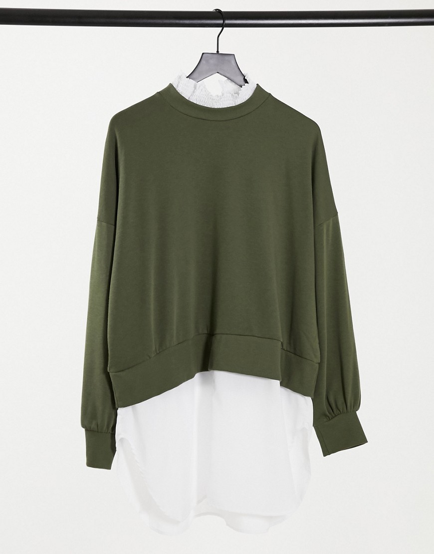 Noisy May - Sweater afgewerkt met overhemdranden in kaki-Groen