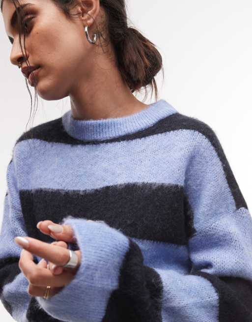Noisy May sweter z okrągłym dekoltem, boxy, z drapanej dzianiny w niebieskie paski, 3 z 4