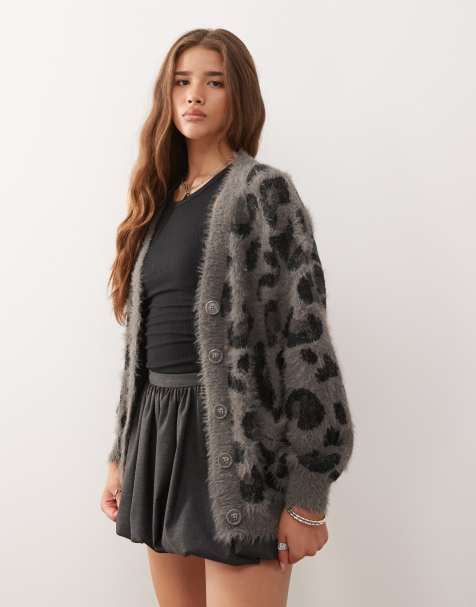 Noisy May brushed knit leopard cardigan in grey